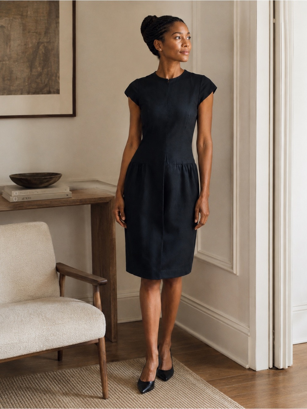 Alpert Nipon Vintage Black Structured Dress – Size 2, Short Sleeves, Pockets